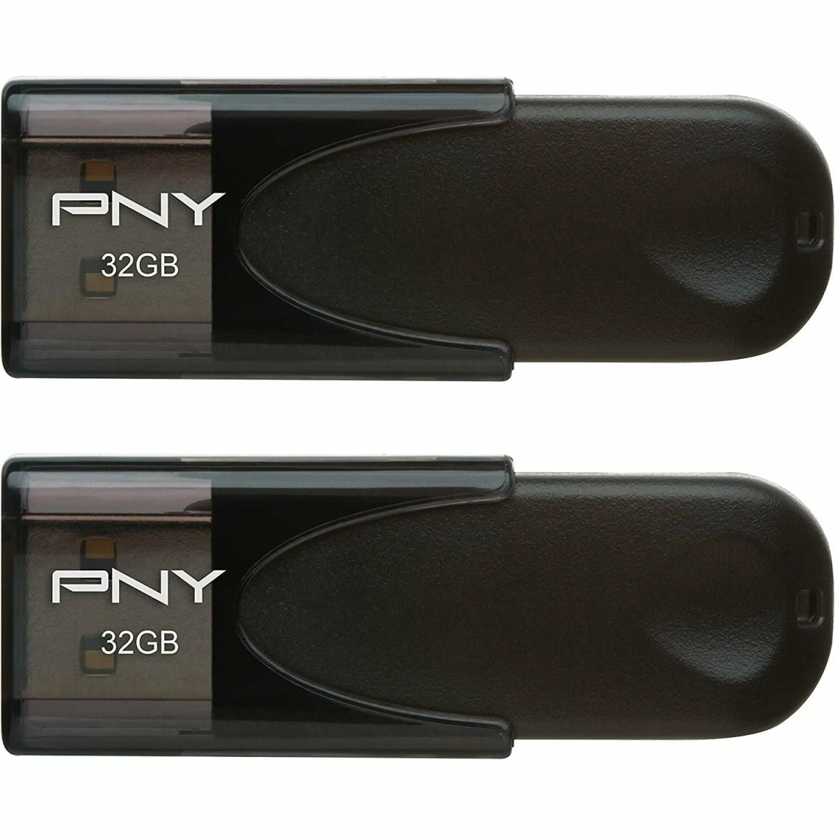 Zwei schwarze USB-Laufwerke mit der Aufschrift PNY 32GB und Schutzhüllen.