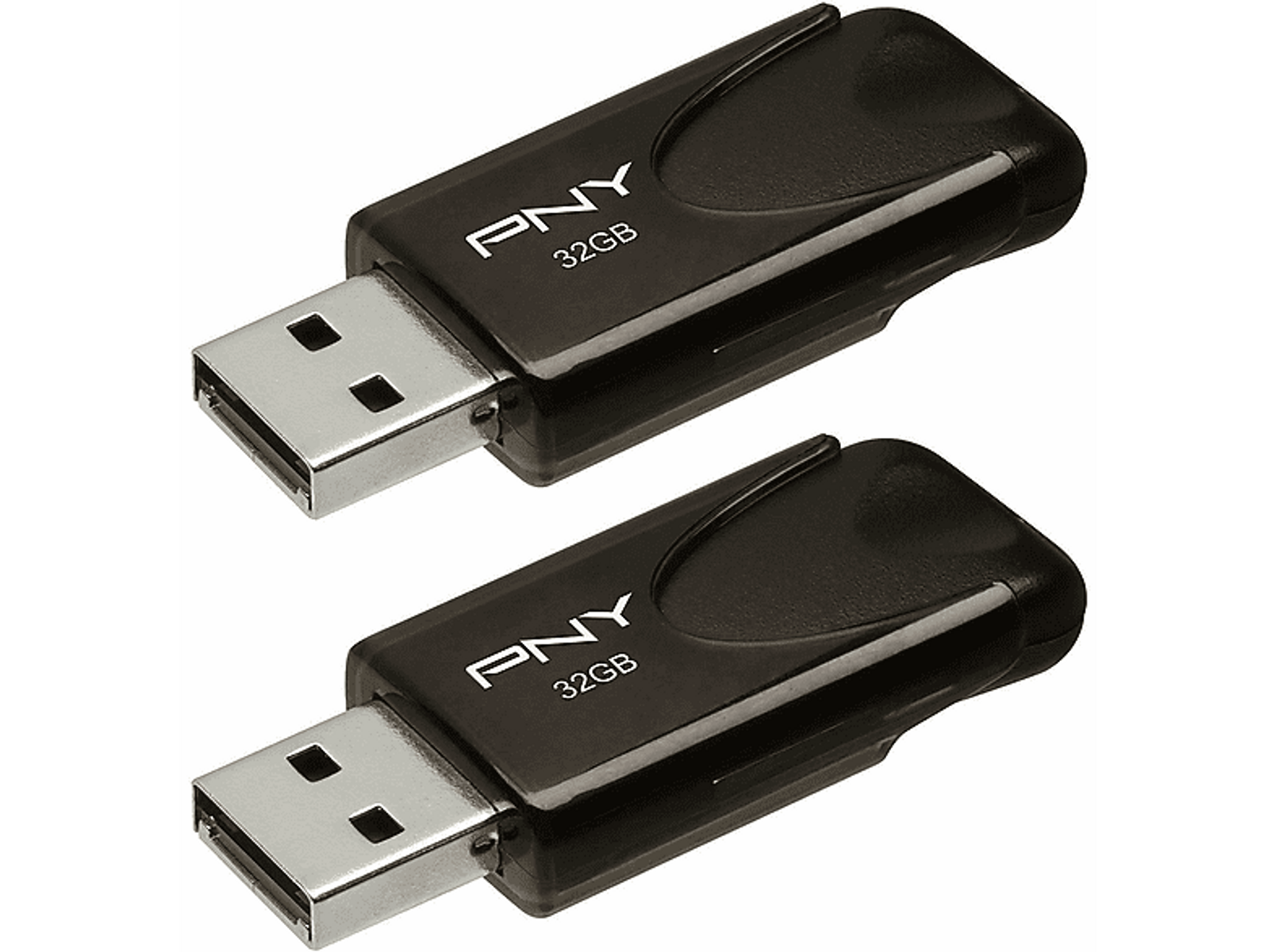 Zwei schwarze USB-Sticks mit PNY-Logo. Dunkler Hintergrund.