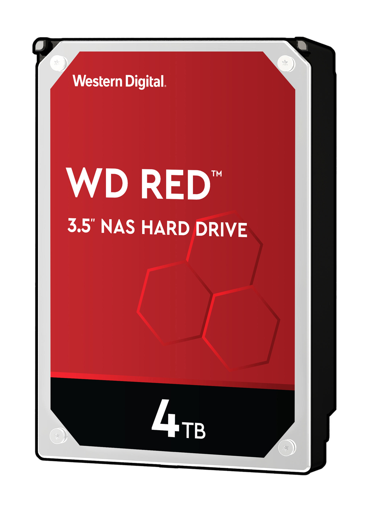 WD RED 3,5" NAS-Festplatte. Rot und schwarz, 4 TB Kapazität, mit WD-Logo.