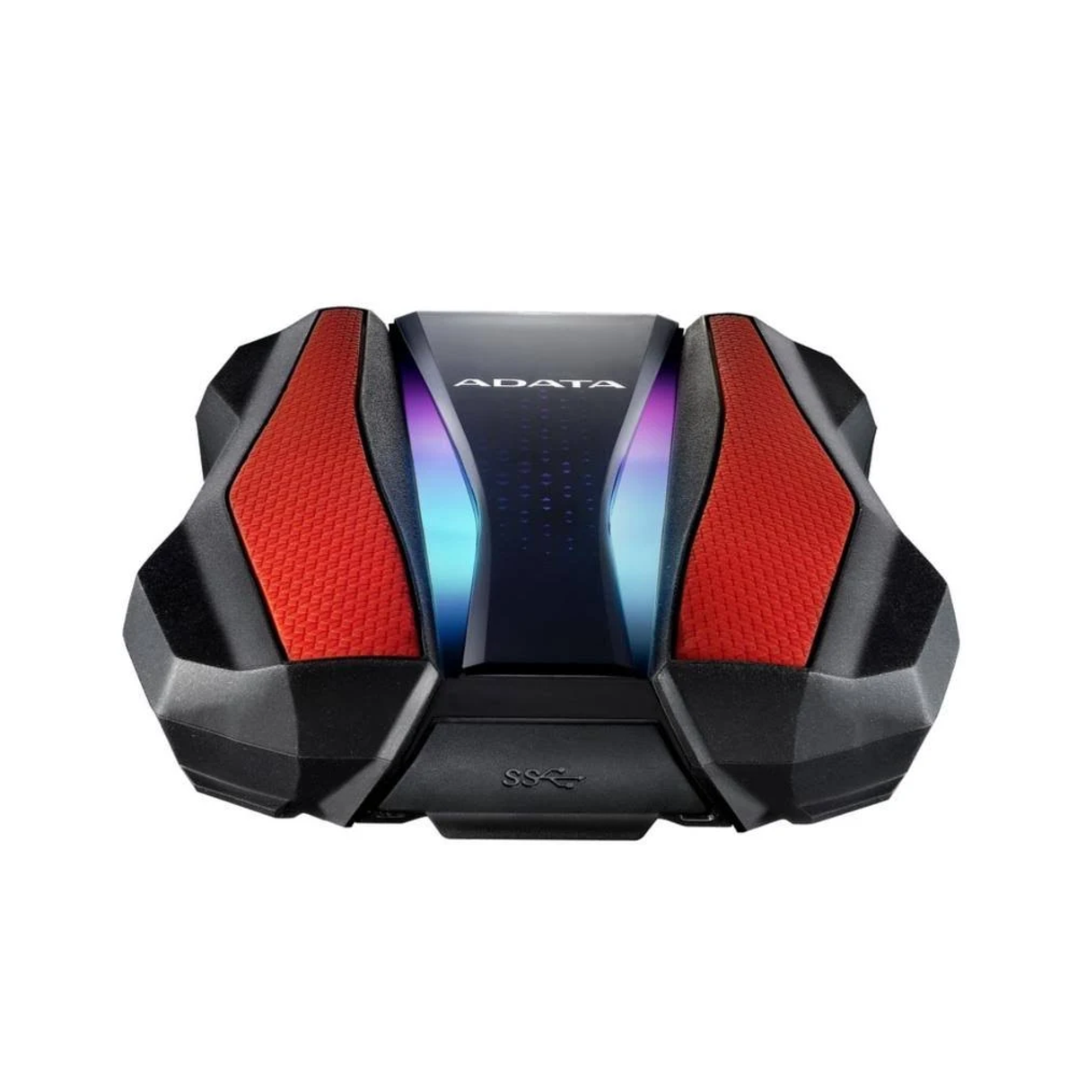 Czarny i czerwony zewnętrzny dysk twardy ADATA. Górna część ma pasek świetlny. Jest na białym tle.