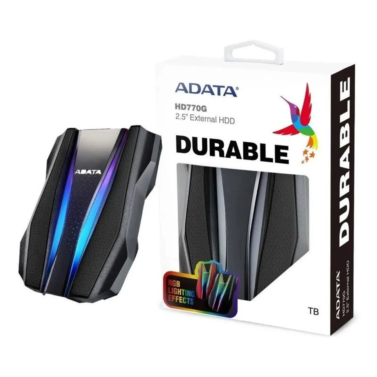 Zewnętrzny dysk twardy i jego pudełko. Dysk jest czarny z niebieskim paskiem. Na pudełku napis: 'ADATA HD770G Durable'.