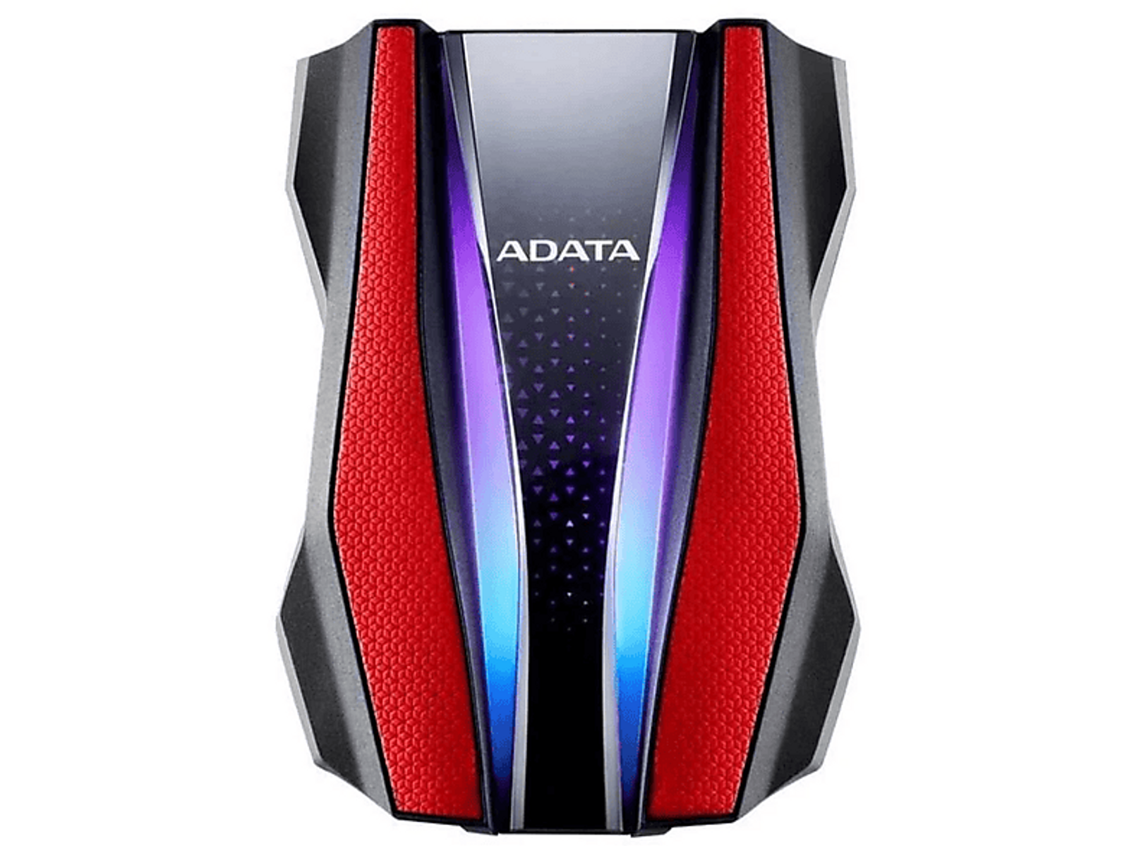 Zewnętrzny dysk twardy ADATA. Czarny, czerwony i fioletowy design. Izolowany na białym.