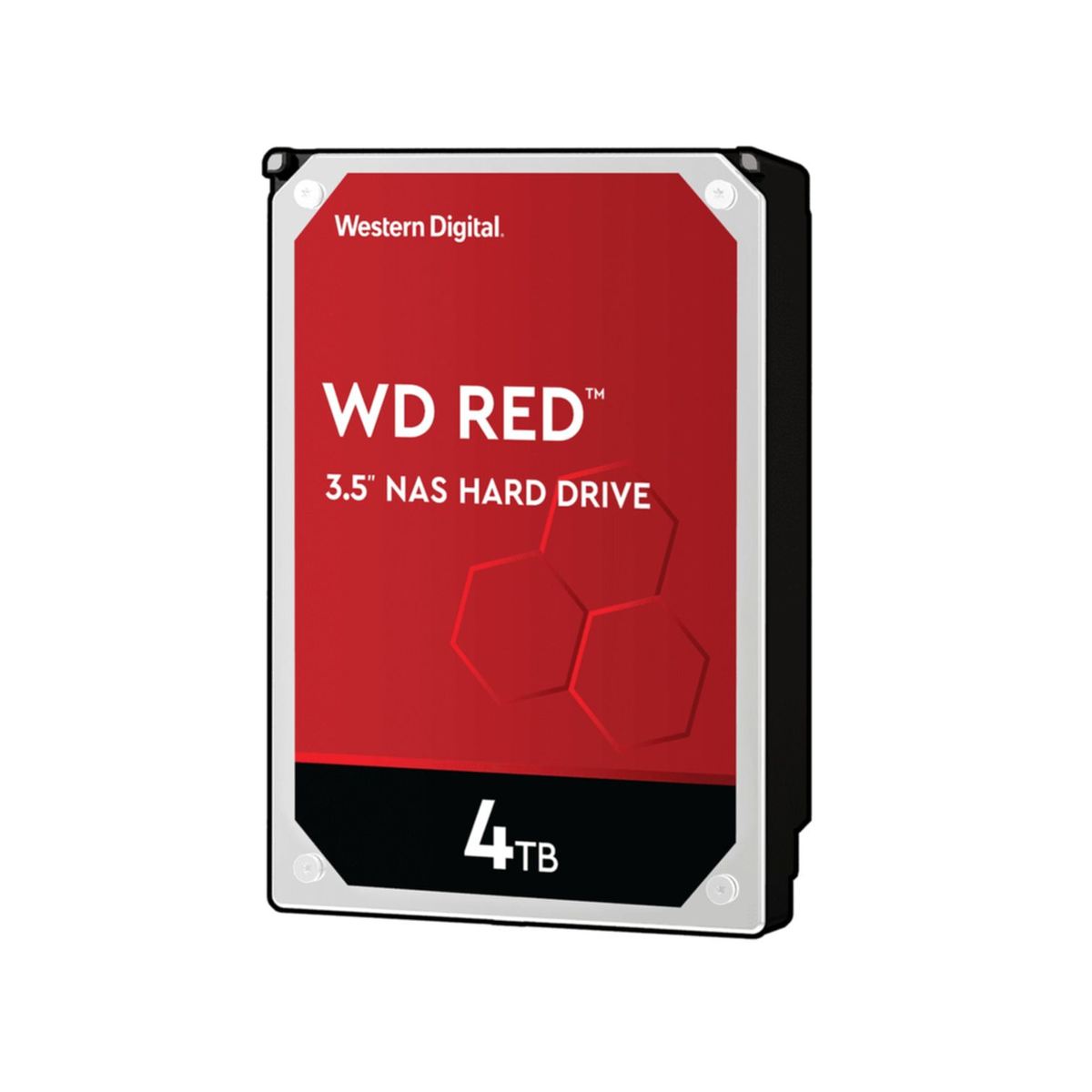 Eine rote WD Red 4TB Festplatte mit Text in einem schwarzen Gehäuse auf weißem Hintergrund.