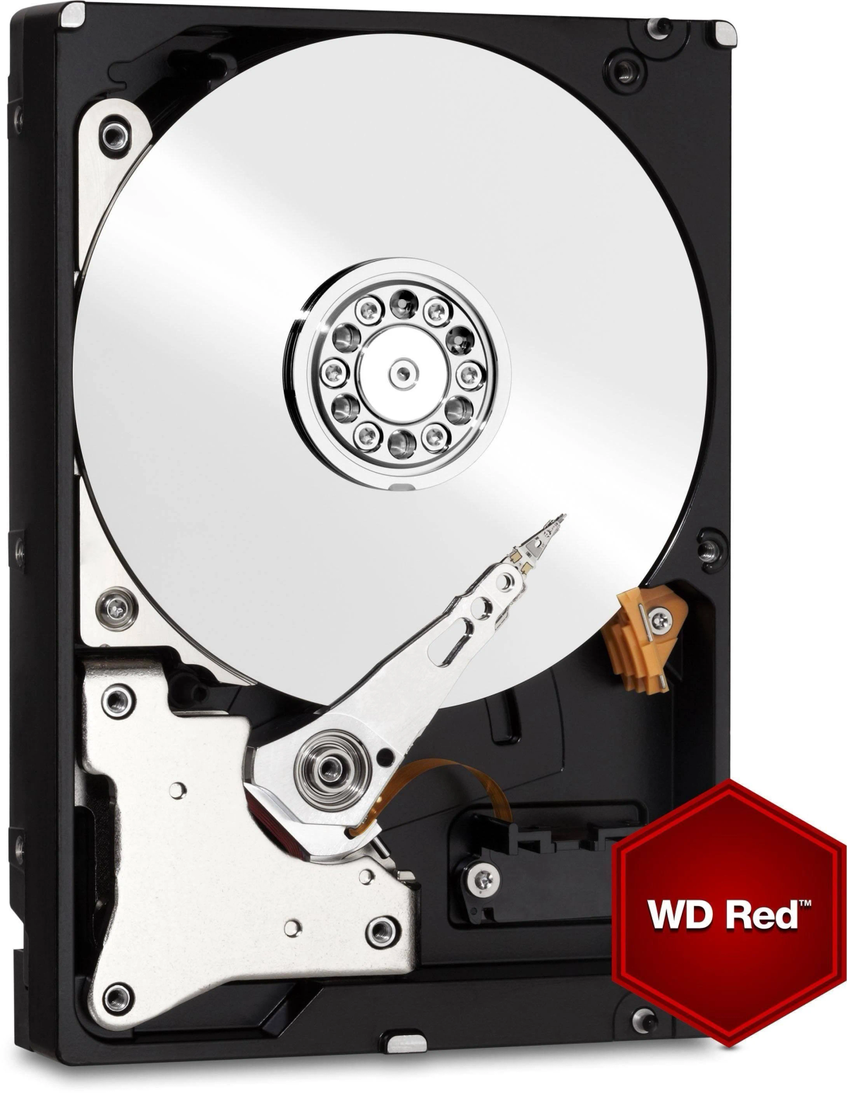 Geöffnete Festplatte mit silberner Scheibe und Arm, rotes WD Red Logo, schwarzes Gehäuse.
