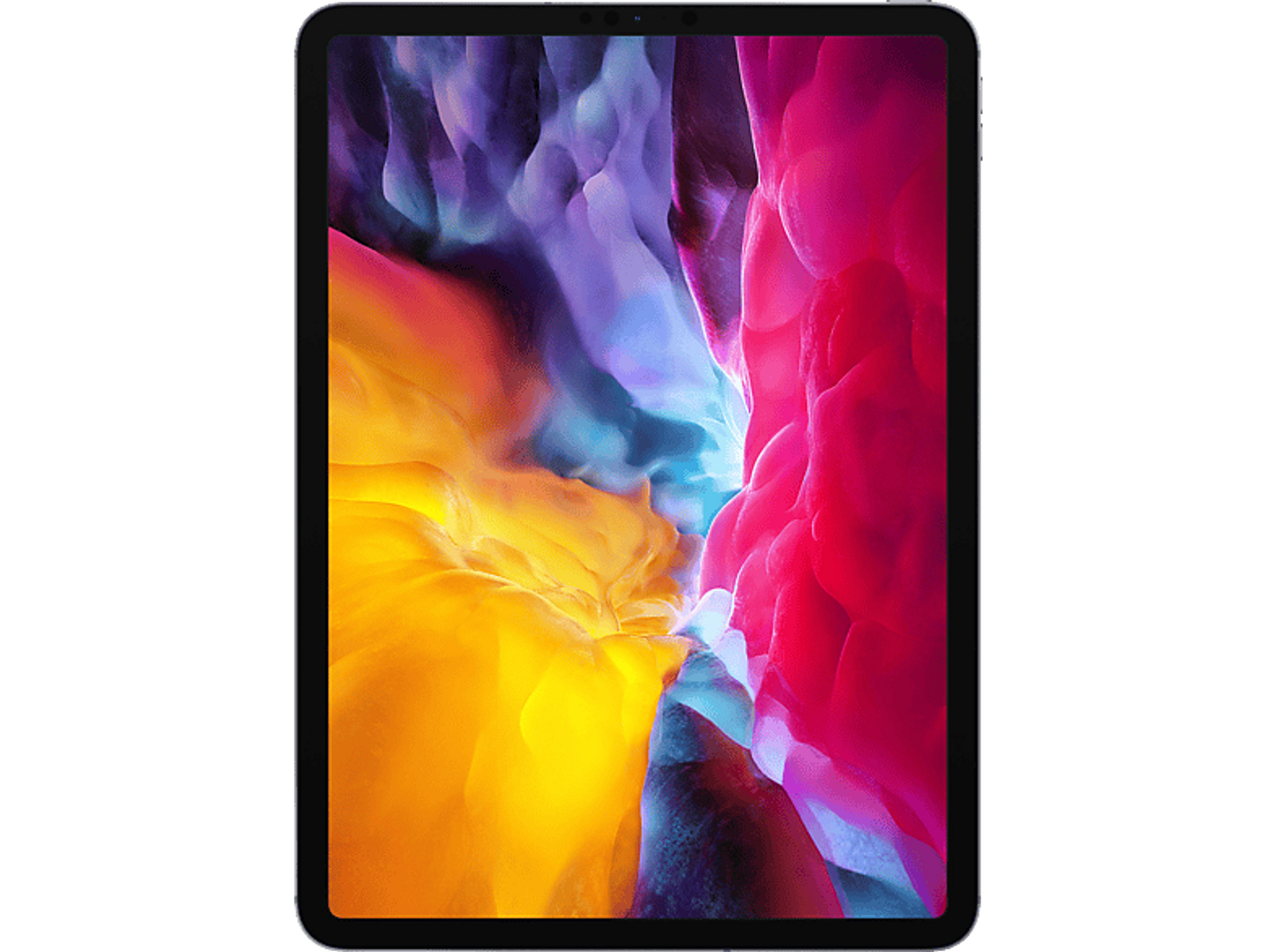 Apple iPad Pro z kolorowym wyświetlaczem, widok z przodu, czarna ramka.