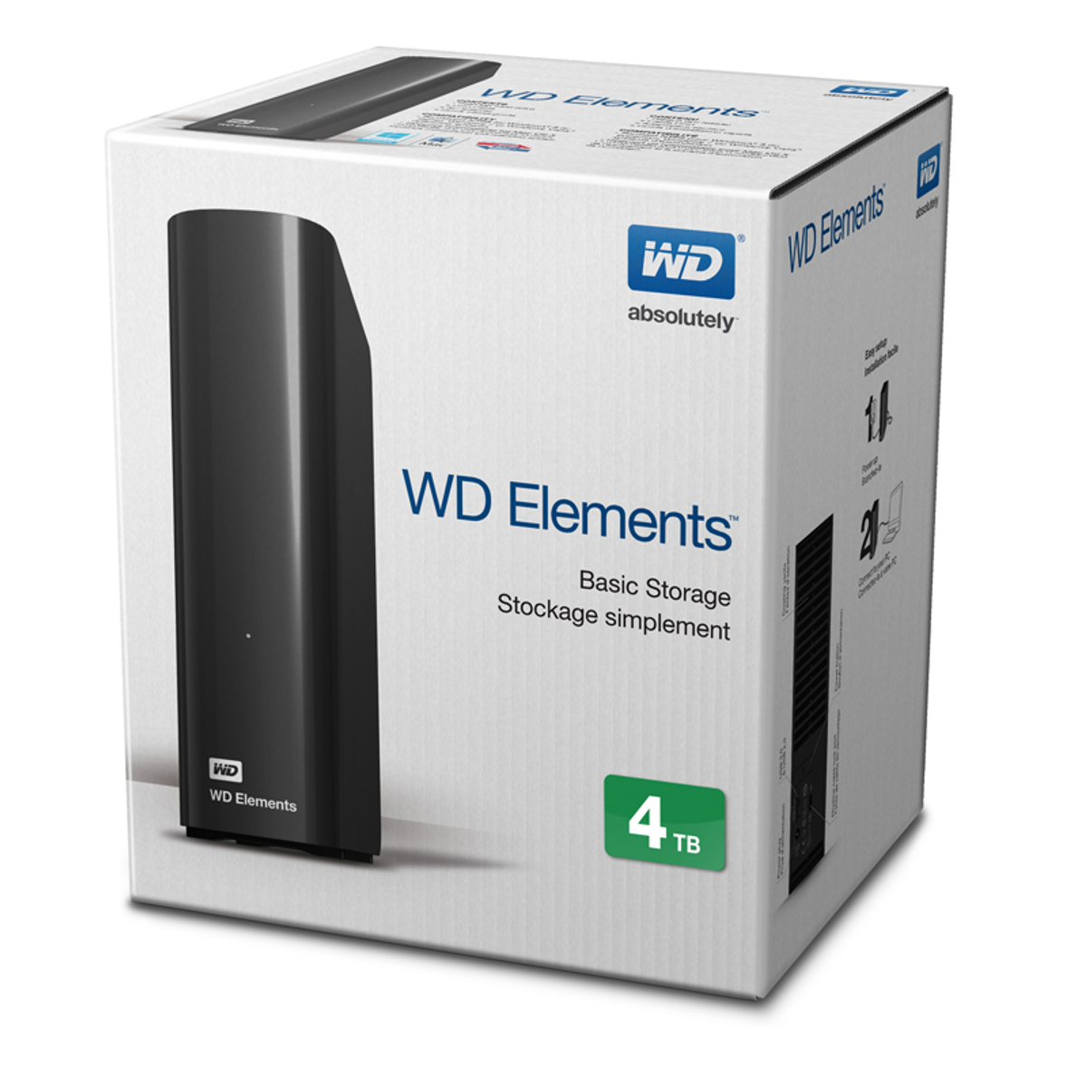 Biało-czarne pudełko dysku twardego WD Elements z etykietą 4TB.