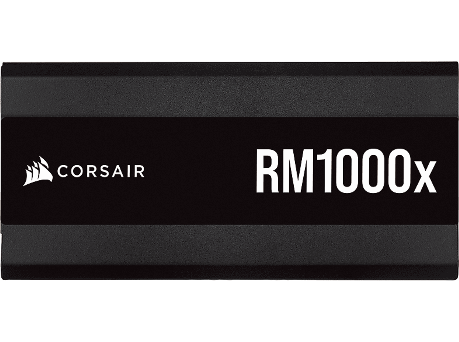 Czarny zasilacz Corsair RM1000x, z białym tekstem na czarnym tle.