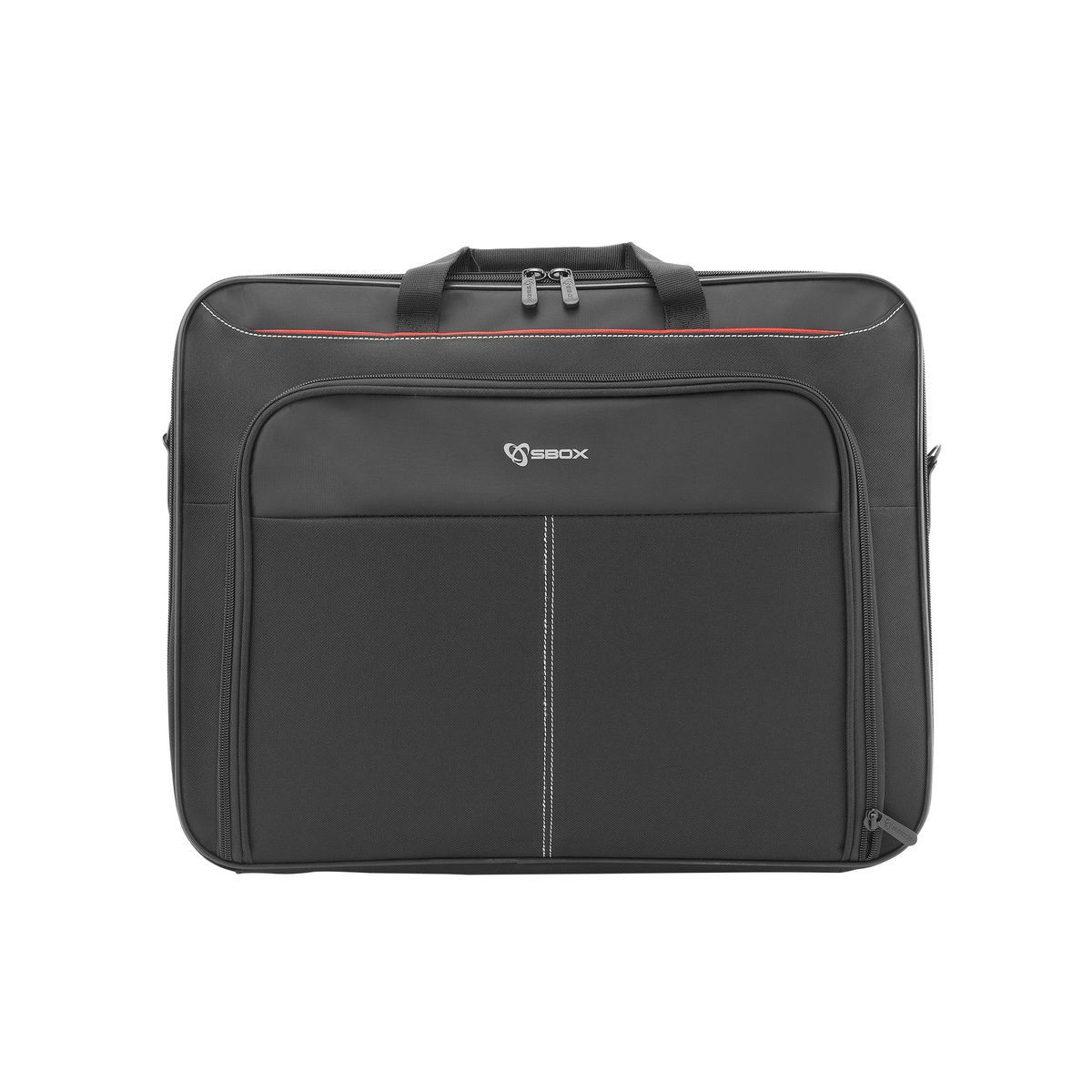 Borsa per laptop nera con manico, cerniera e cuciture bianche.