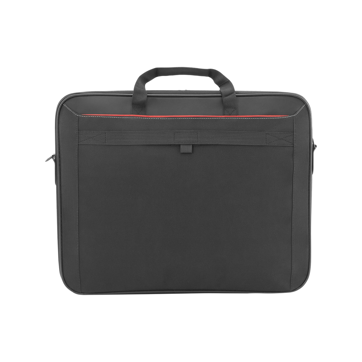Borsa per laptop nera con manici. Ha una striscia rossa e una cerniera. Lo sfondo è bianco.