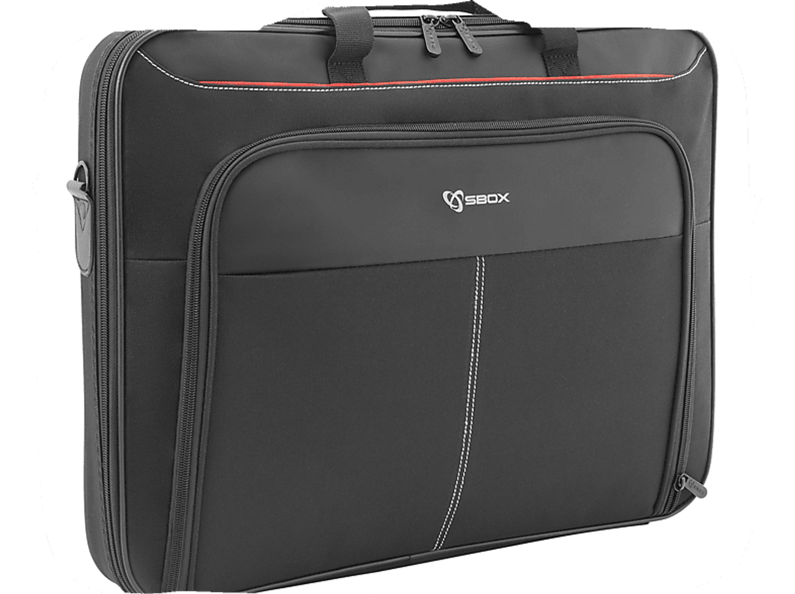 Borsa per laptop nera con una striscia rossa in alto. La borsa ha un manico e una tracolla.