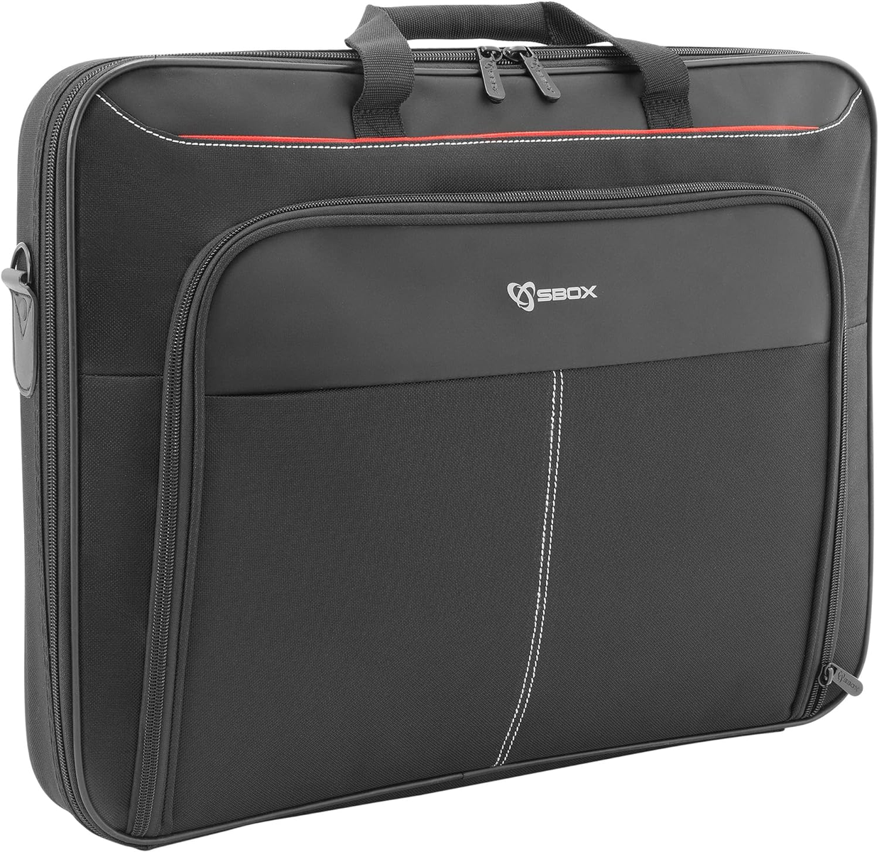 Borsa per laptop nera con cuciture bianche e un accento rosso sulla parte superiore.