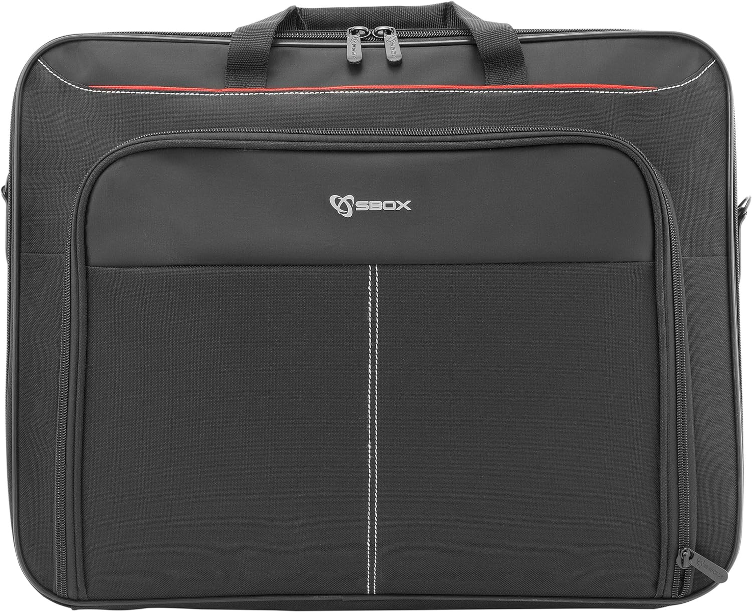 Borsa nera per laptop con cuciture bianche, tasca frontale con logo S-box, finiture rosse sopra.