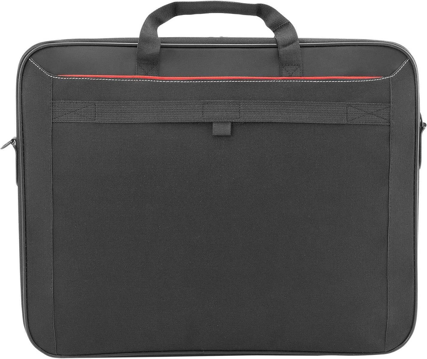 Borsa per laptop nera con rifinitura rossa e manico. Tessuto nero semplice.