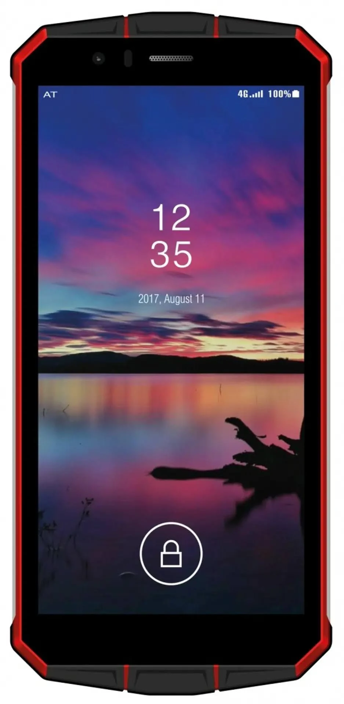 Un smartphone negro y rojo que muestra una imagen de puesta de sol en la pantalla, con un icono de candado. Fecha y hora visibles.