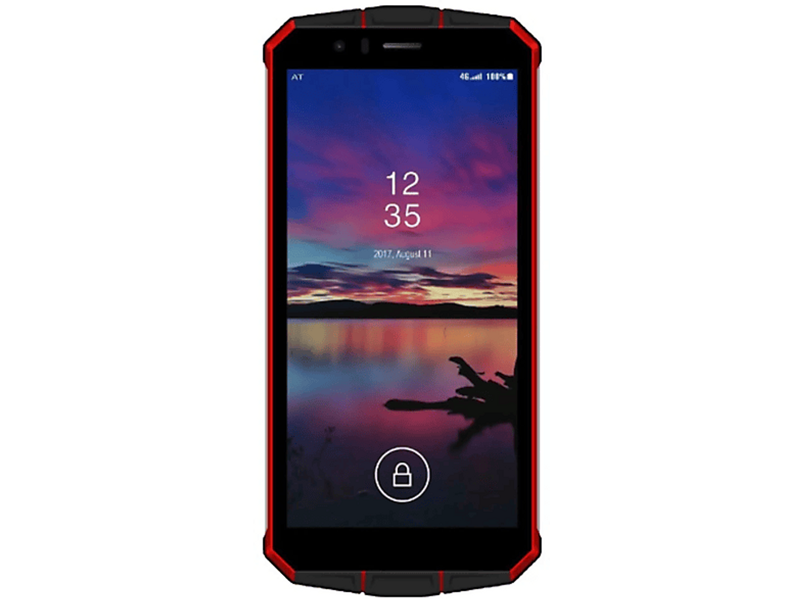 Smartphone negro mostrando hora y fecha en pantalla. Marco rojo y negro.