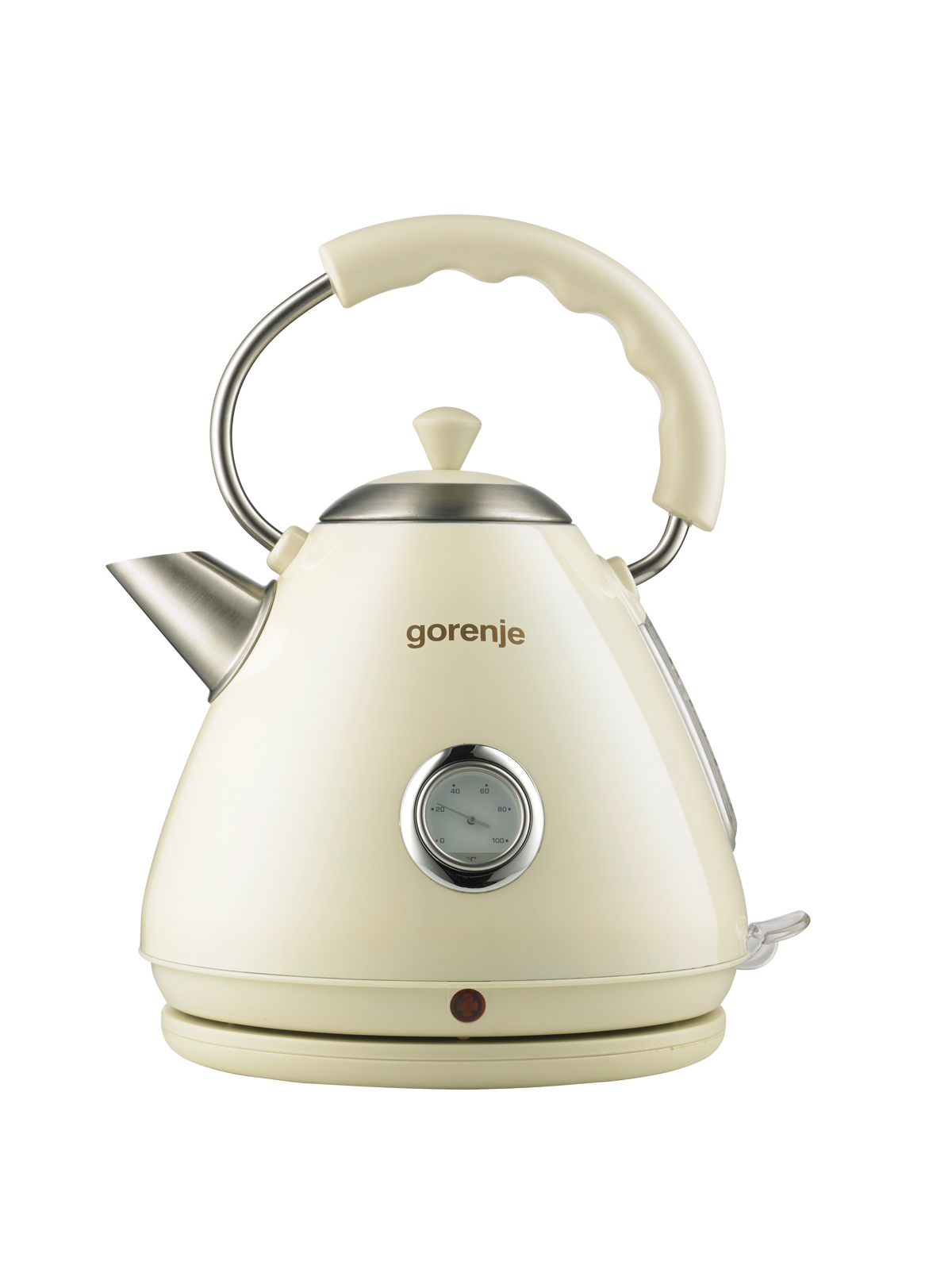 Czajnik w kolorze kremowym z zakrzywionym uchwytem. Posiada srebrny dzióbek, podstawę i pokrętło z czerwonym światłem.