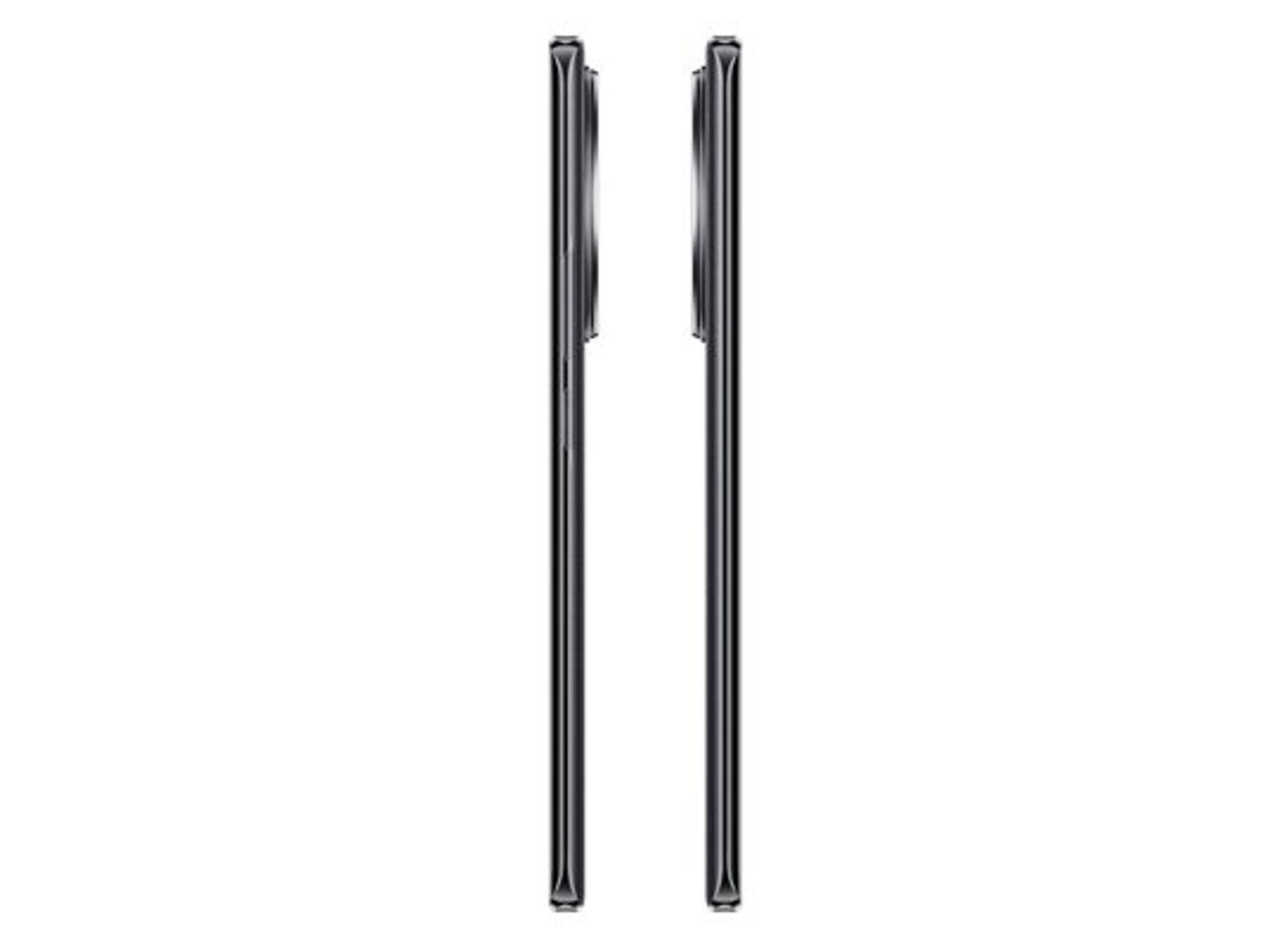 Dos teléfonos inteligentes negros y altos de pie uno al lado del otro. Los teléfonos tienen un diseño elegante y minimalista.