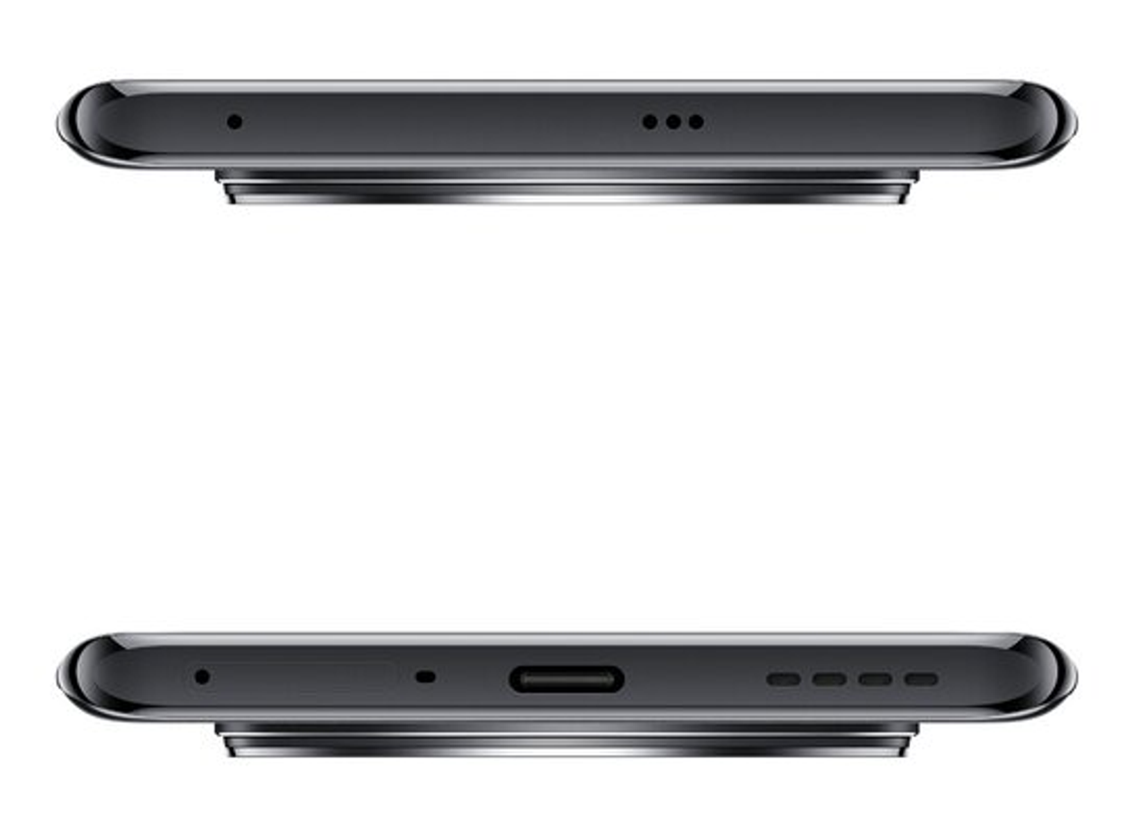 Dos extremos de teléfono: superior con micrófono, inferior con puerto USB-C y altavoces.