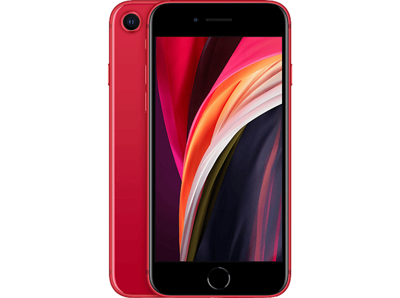 Rotes iPhone SE. Es hat einen schwarzen Bildschirm und eine Kamera auf der Rückseite.
