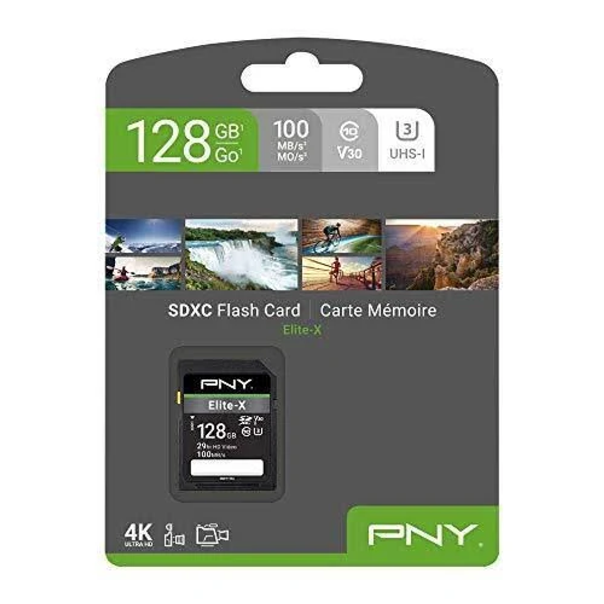 SDXC-Flashkarte in einer Verpackung mit Naturaufnahmen.