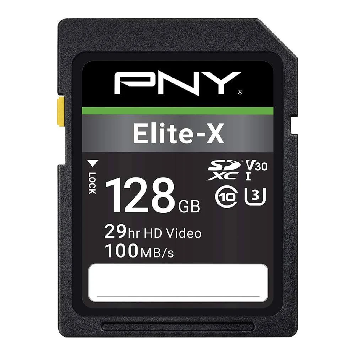 Schwarze SD-Karte, beschriftet 'PNY Elite-X', 128 GB, 29 Std. HD-Video, 100 MB/s. Auf weißem Hintergrund.