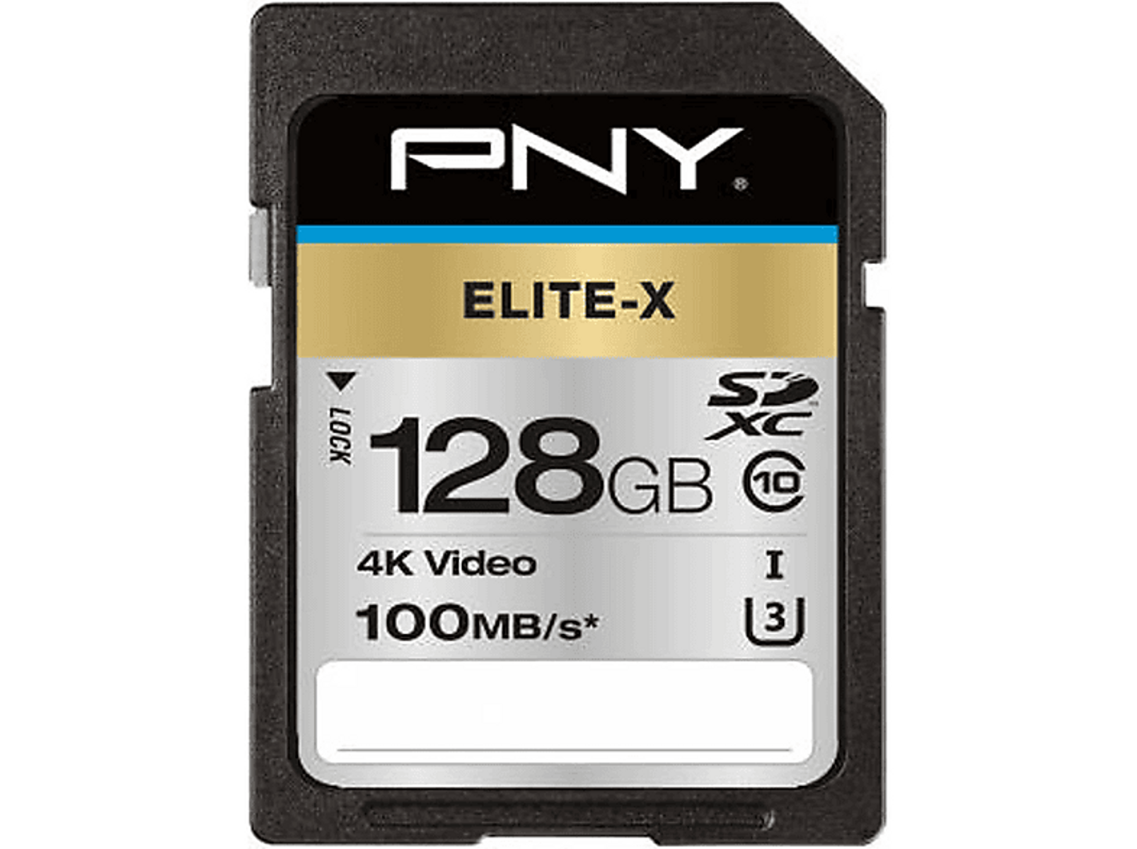 PNY Elite-X 128GB SD-Karte mit Angaben zu Geschwindigkeit, 4K-Video-Unterstützung und weiß-goldenem Label.