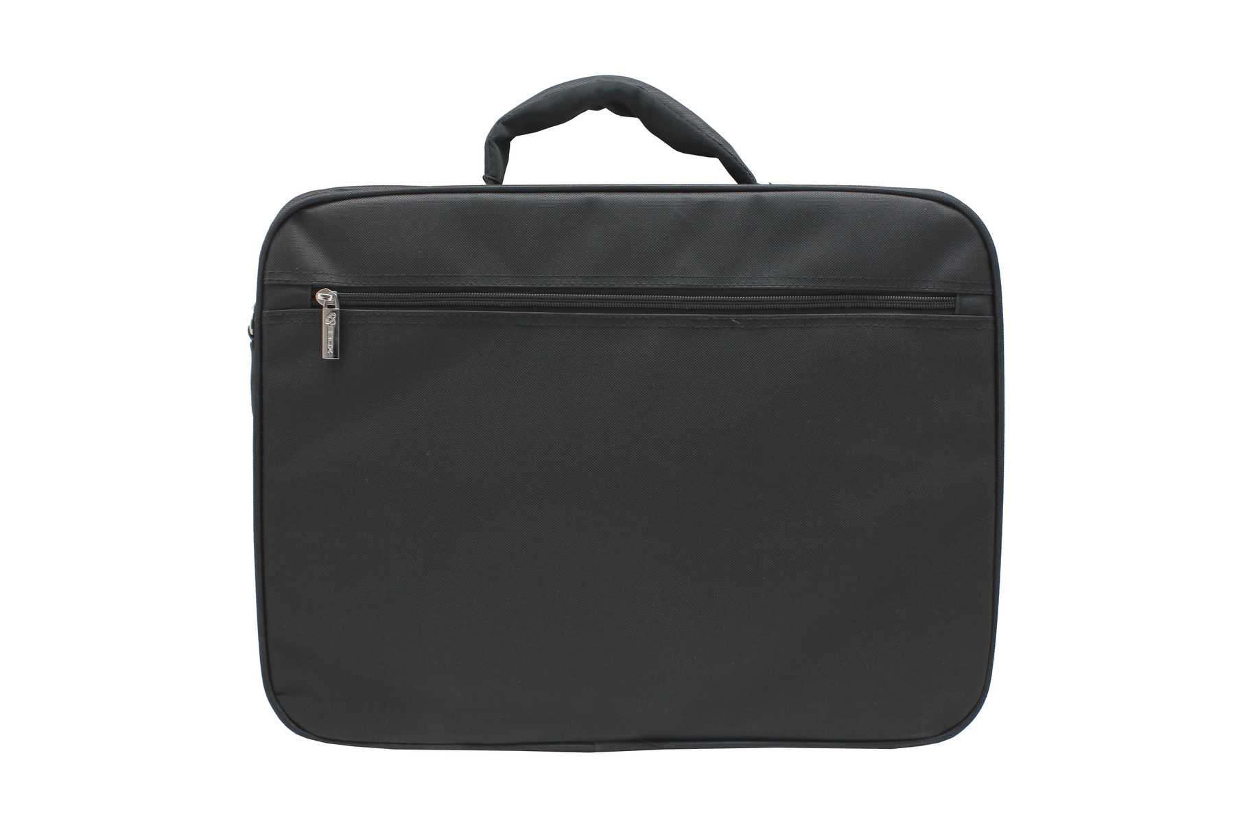 Schwarze Laptoptasche mit Griff, Reißverschluss und Logo, vor weißem Hintergrund.