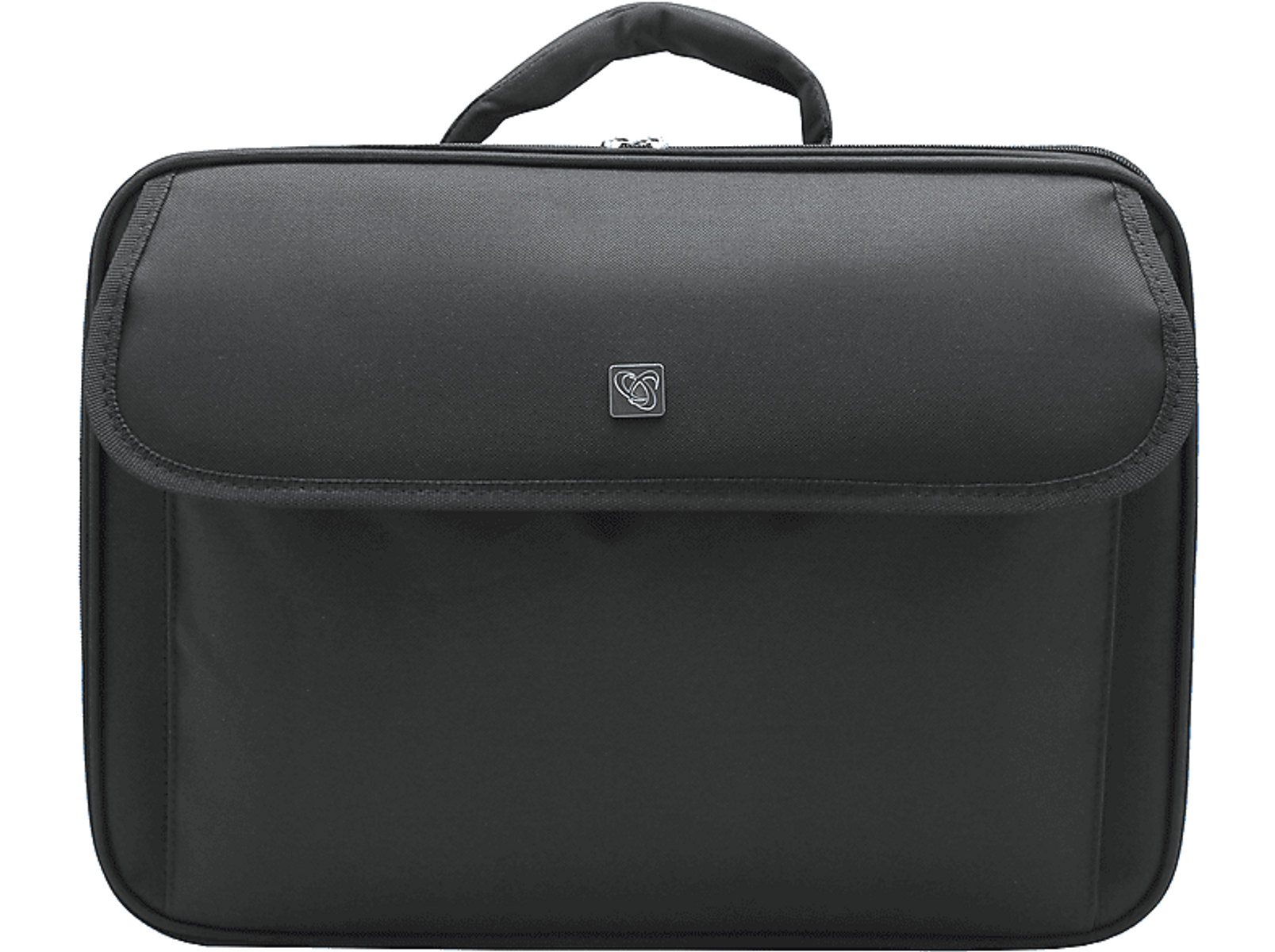 Eine schwarze Laptoptasche mit Griff und Logo. Sie steht auf einer weißen Oberfläche.