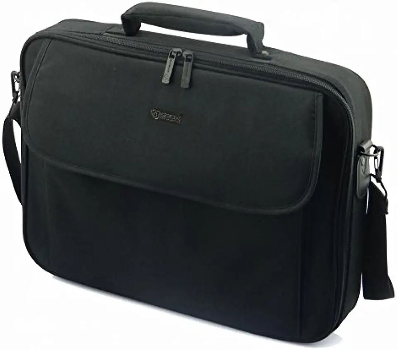 Schwarze Laptoptasche mit Griff, Schultergurt und Vordertasche.