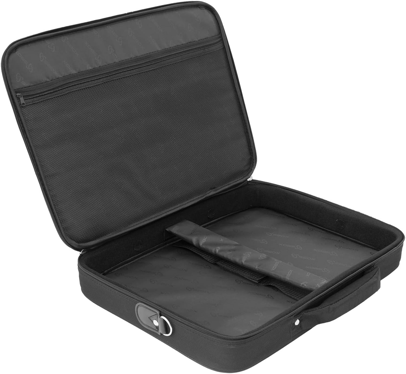 Schwarze Laptoptasche, offen. Innen hat es eine Reißverschlusstasche und einen Riemen.