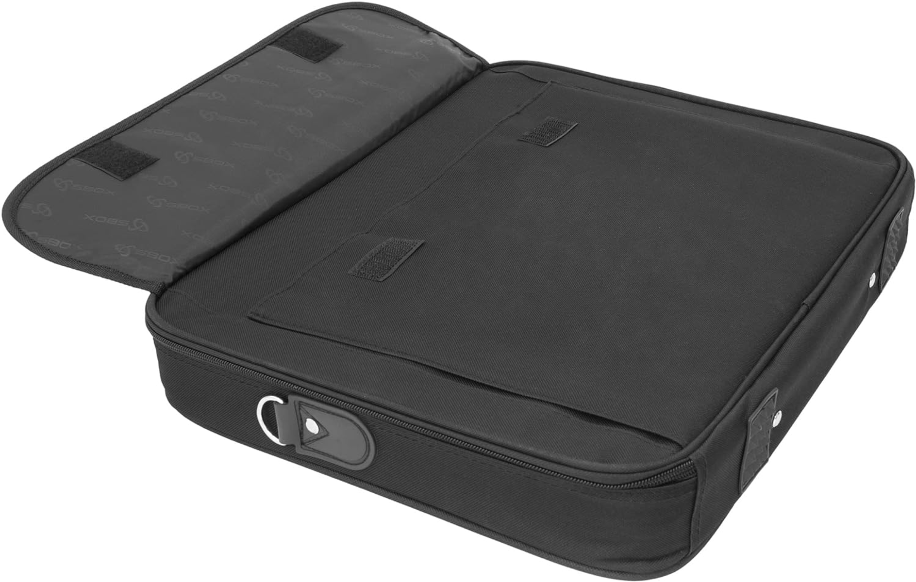 Schwarze Laptoptasche, offen, zeigt das Innere mit Klettverschlüssen.