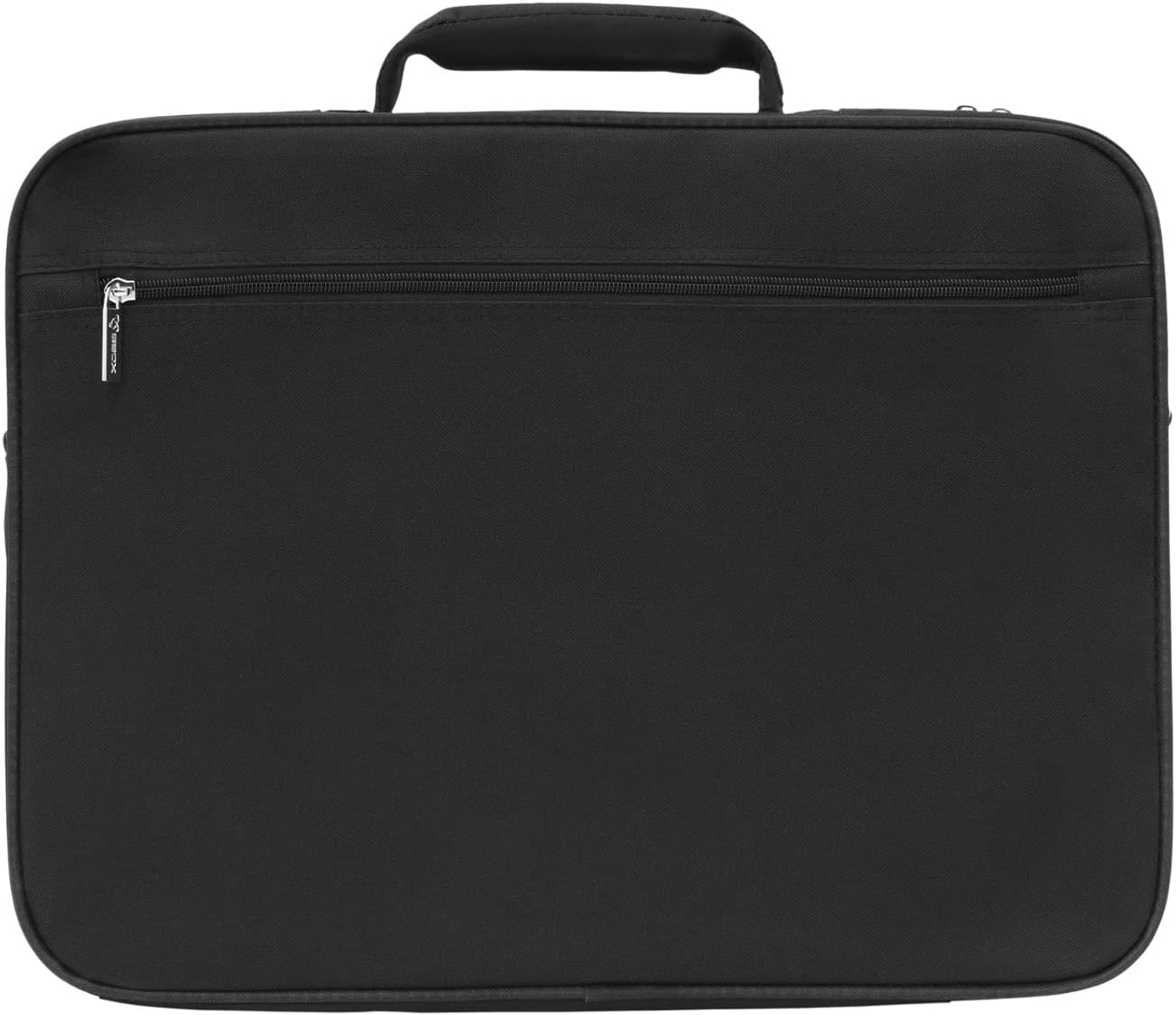 Schwarze Laptoptasche mit Griff und Reißverschluss auf weißem Hintergrund.