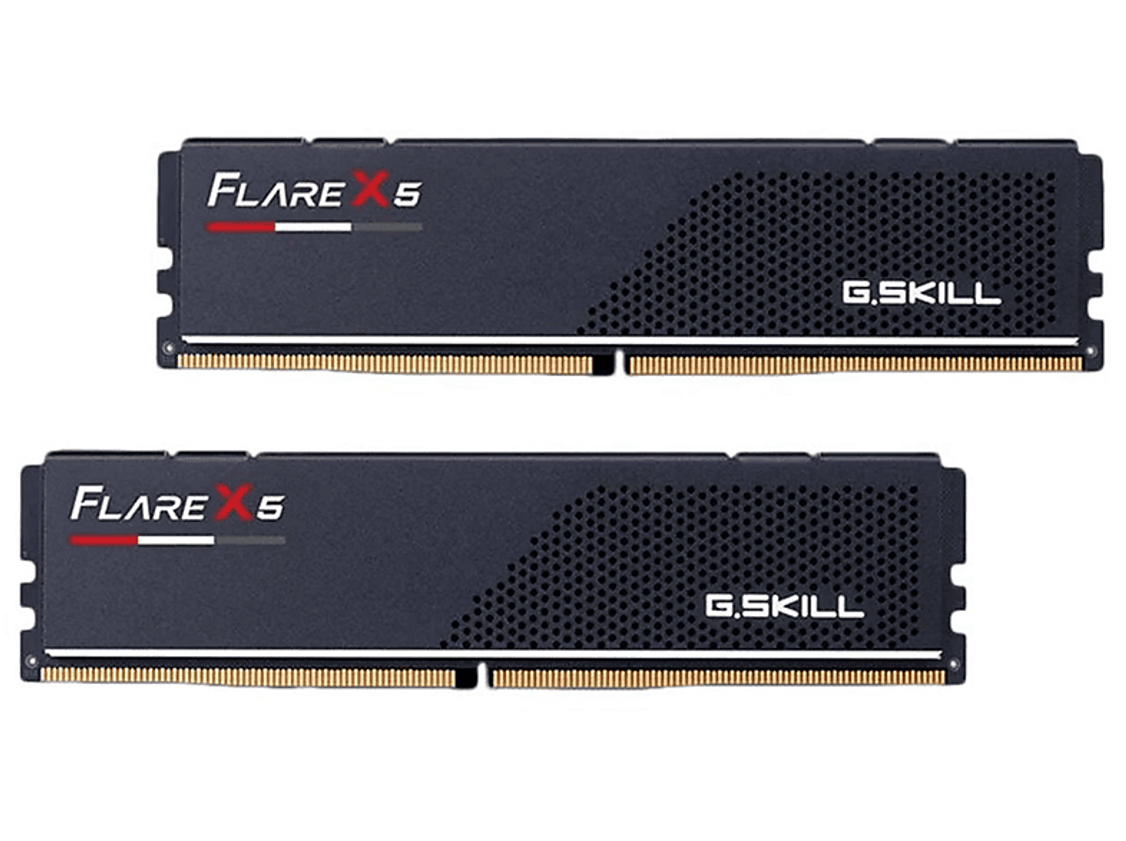 Dwa czarne moduły RAM G.Skill Flare X 5, z czerwonymi akcentami, do komputera stacjonarnego.