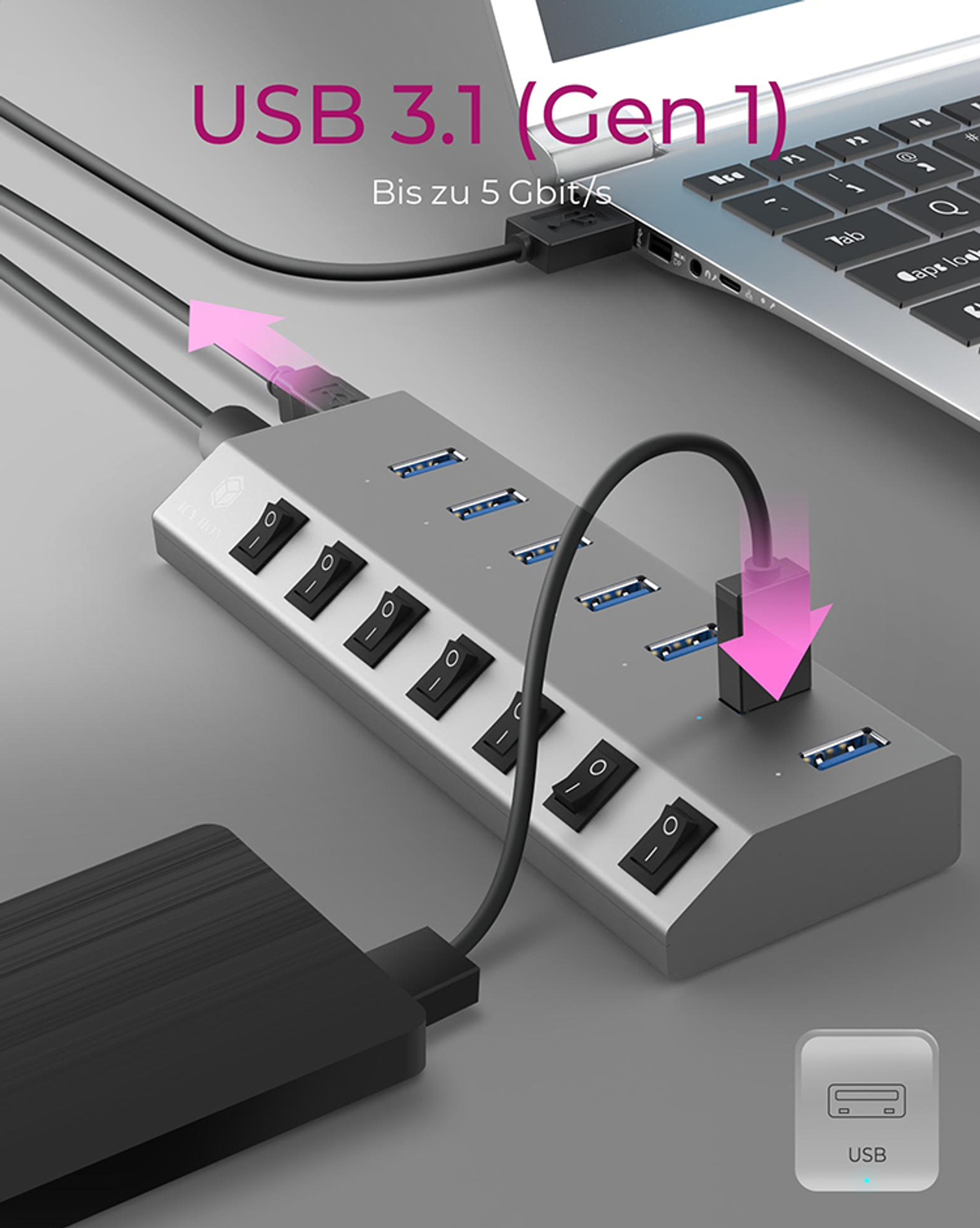 Ein grauer USB-Hub mit mehreren Anschlüssen und Ein/Aus-Schaltern, an Laptop und andere Geräte angeschlossen.