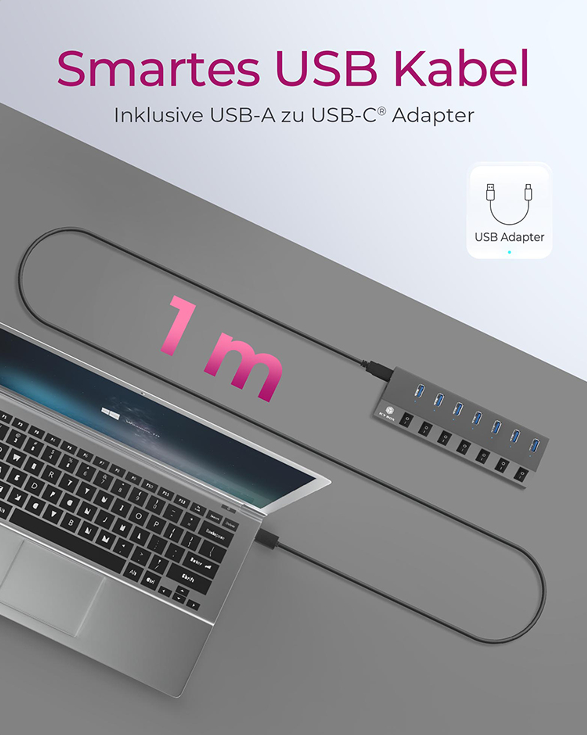 Laptop collegato a un hub USB e adattatore USB-C. Testo: Cavo USB intelligente incluso adattatore USB-A a USB-C.