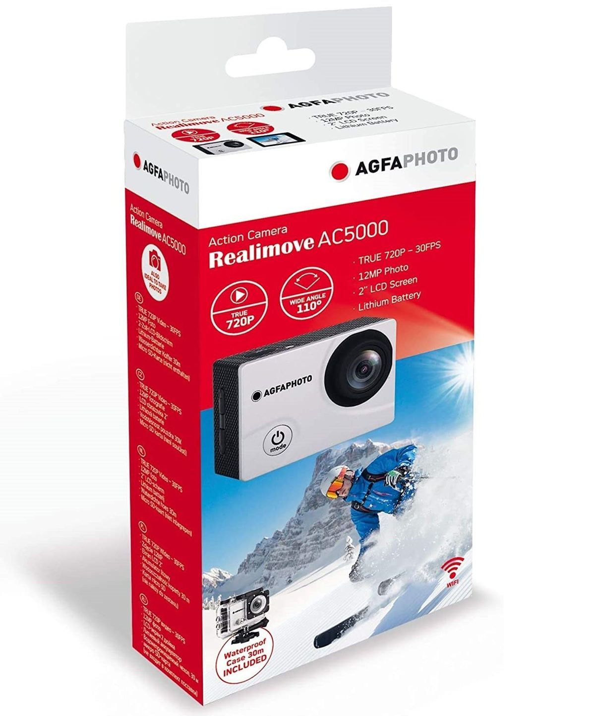 Biało-czerwona kamera sportowa AGFA w pudełku. Pudełko pokazuje kamerę, funkcje i narciarza.