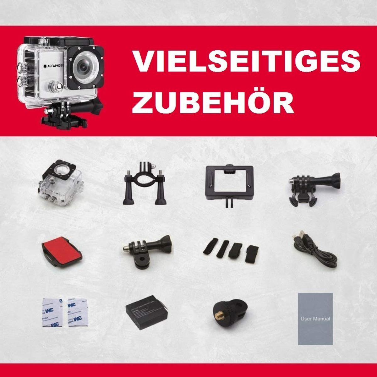 Kamera sportowa z akcesoriami na czerwonym tle. Akcesoria obejmują mocowania, etui i instrukcję obsługi.