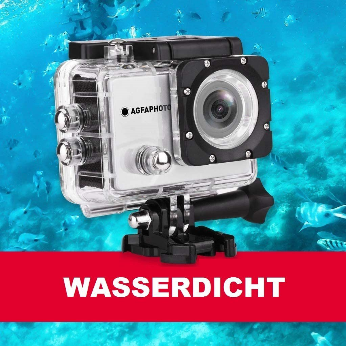 Wodoodporna kamera sportowa AGFAphoto w przezroczystej obudowie, z przyciskami, w scenie podwodnej.