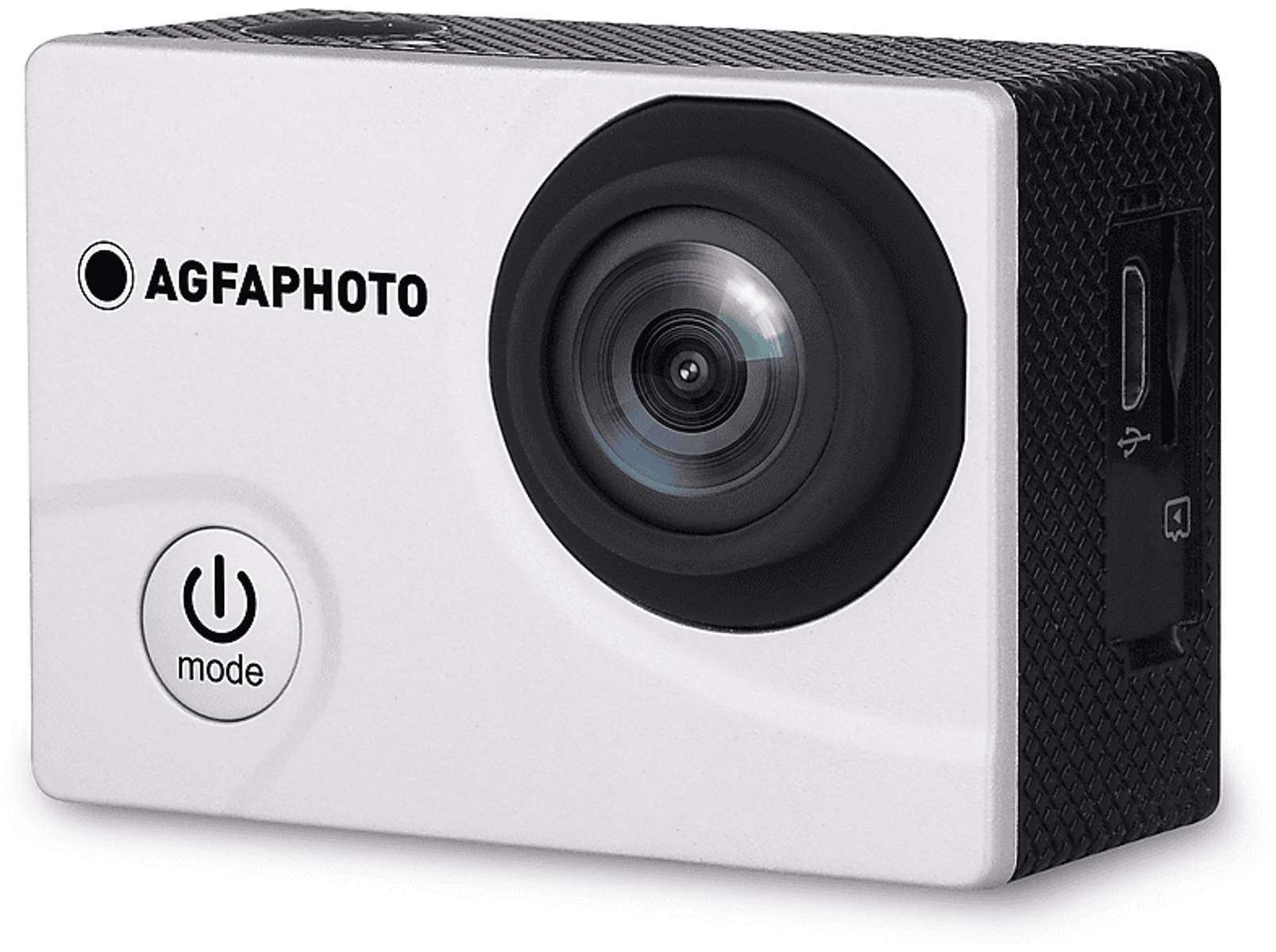 Biała kamera sportowa AgfaPhoto z czarnym obiektywem.