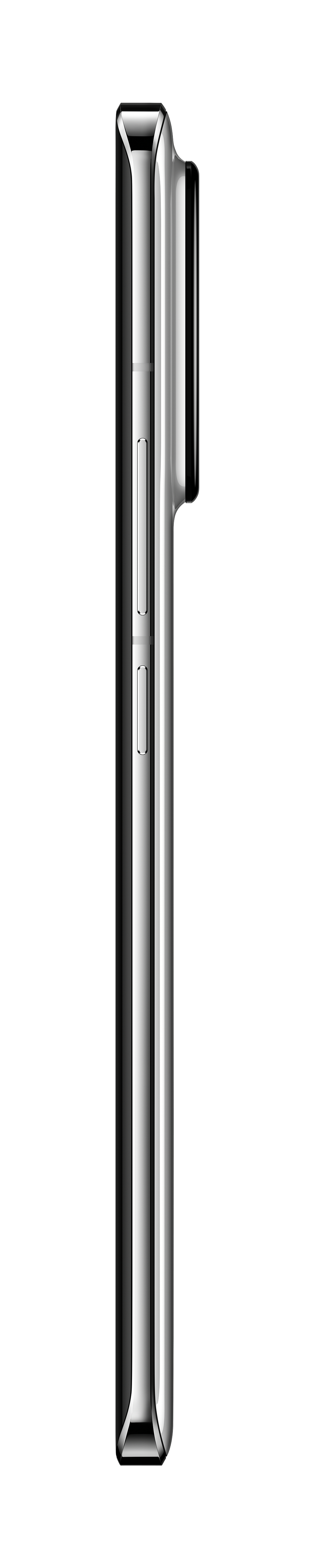 Seitenprofil eines silbernen Smartphones, das die Lautstärketasten und die Kamerawölbung zeigt.