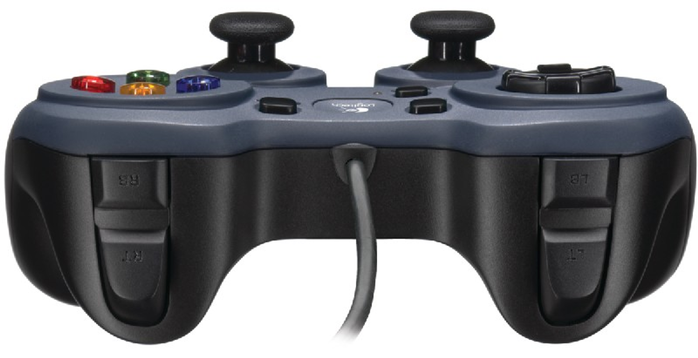 Czarny kontroler Logitech z dwoma joystickami, przyciskami i połączeniem przewodowym.