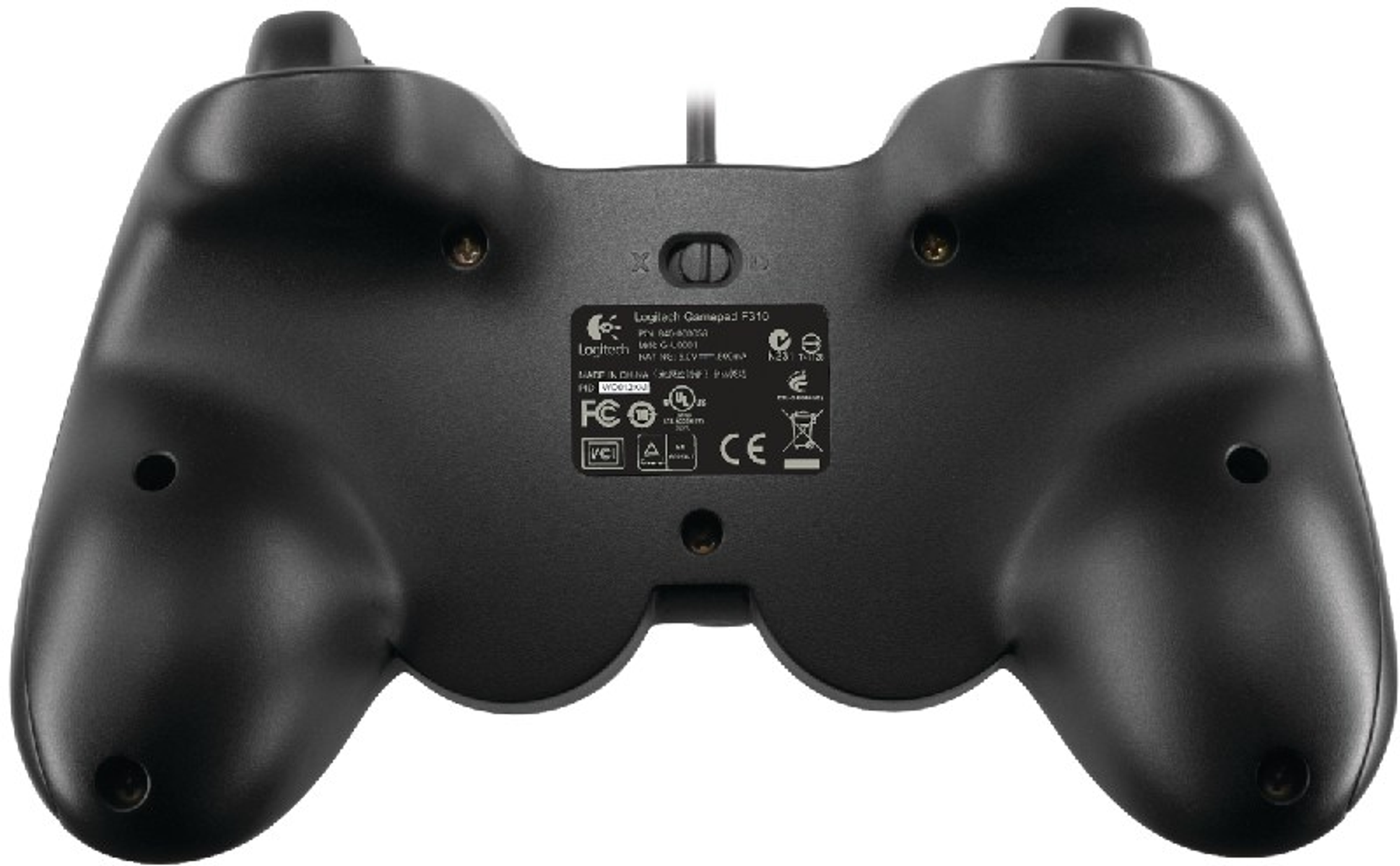 Czarny gamepad Logitech. Widok z tyłu ze śrubami i etykietą z informacjami o produkcie.