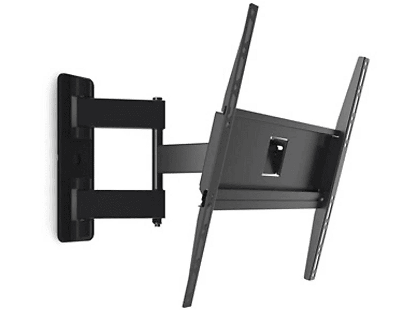 Schwarze TV-Wandhalterung mit verstellbaren Armen, vor weißem Hintergrund. Metall-Finish.