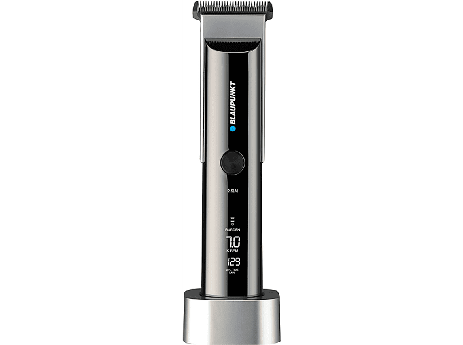 Ein schwarz-silberner Haarschneider auf einem Ständer, mit digitaler Anzeige der Einstellungen.