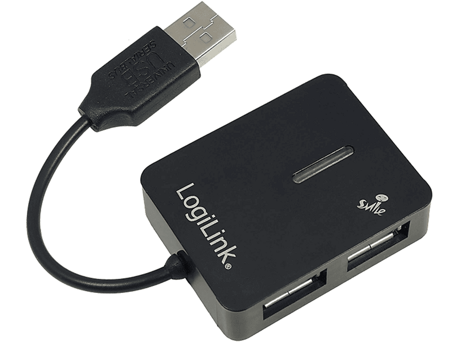 Un hub USB nero con 4 porte e il logo LogiLink.