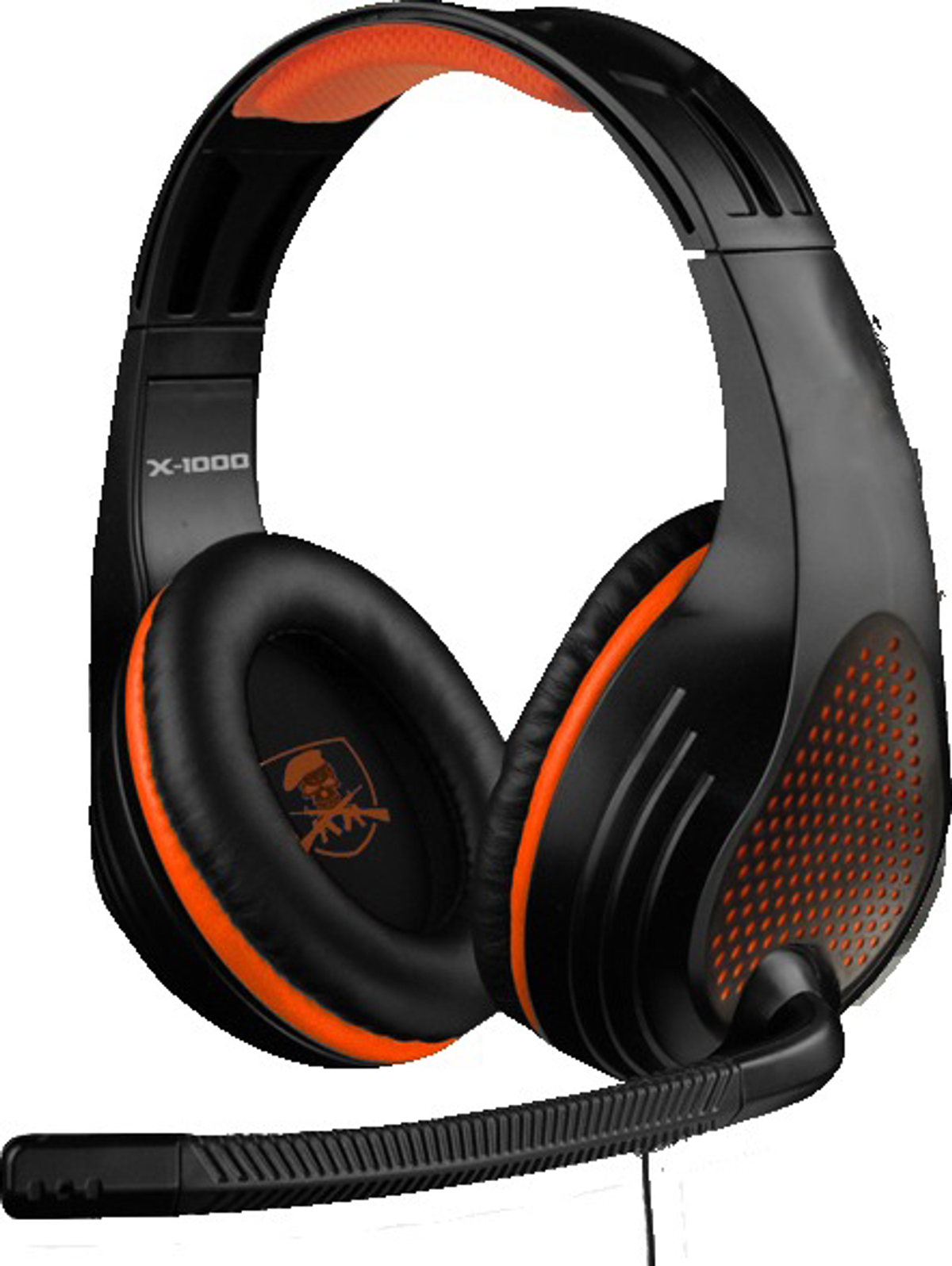 Czarno-pomarańczowy zestaw słuchawkowy dla graczy z mikrofonem. Białe tło.