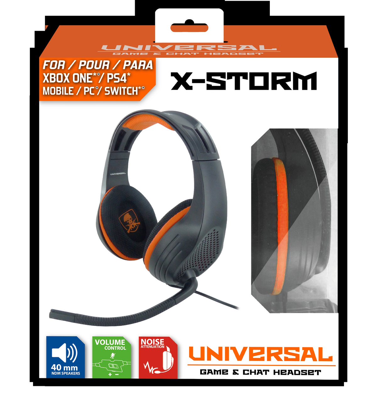 Pudełko z zestawem słuchawkowym. Widoczny czarny i pomarańczowy zestaw słuchawkowy. Tekst: 'UNIVERSAL GAME & CHAT HEADSET'.