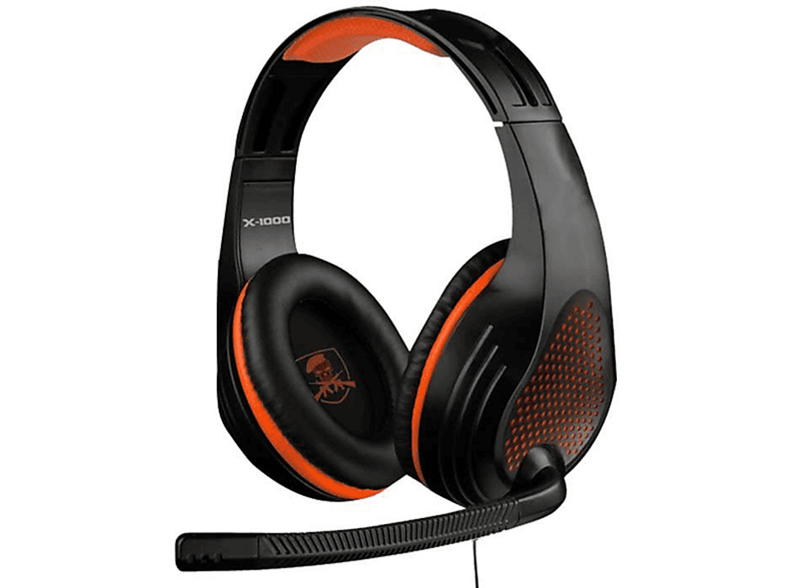 Czarno-pomarańczowy zestaw słuchawkowy dla graczy z dołączonym mikrofonem.
