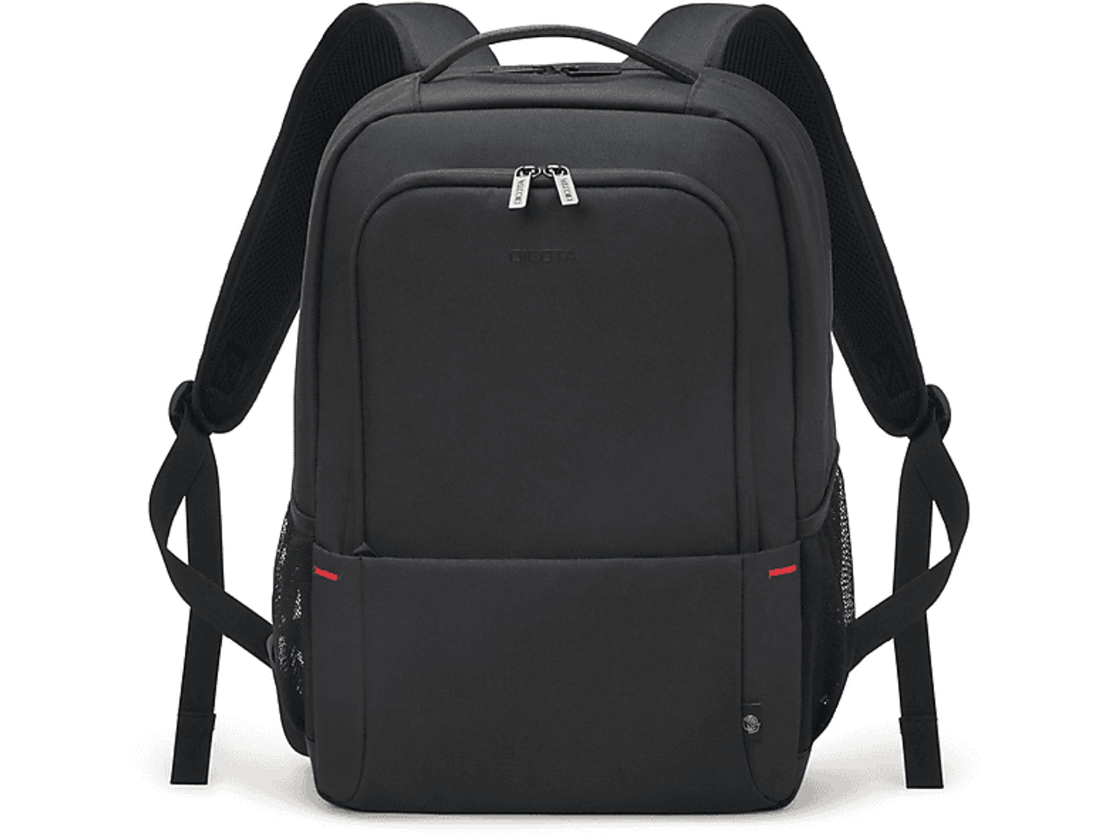 Zaino nero con tasca frontale. Tasche laterali in rete e spallacci imbottiti.