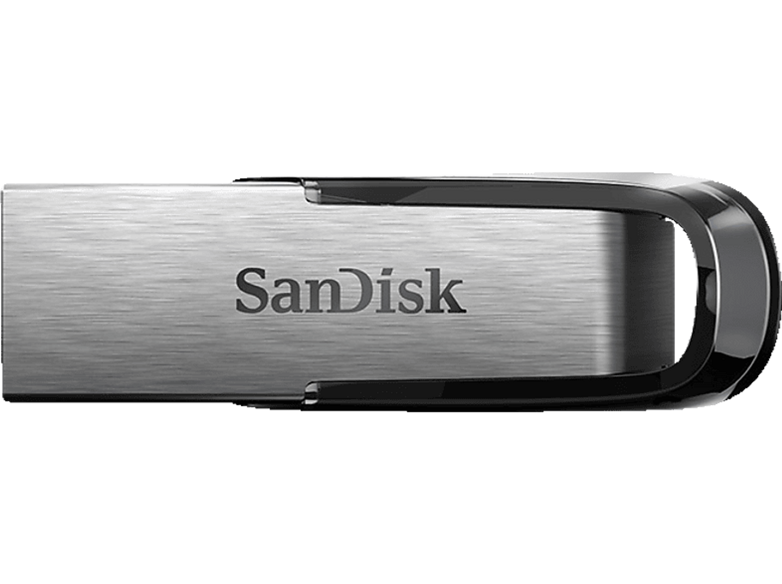 Srebrno-czarny pendrive z logo Sandisk, na czarnym tle.